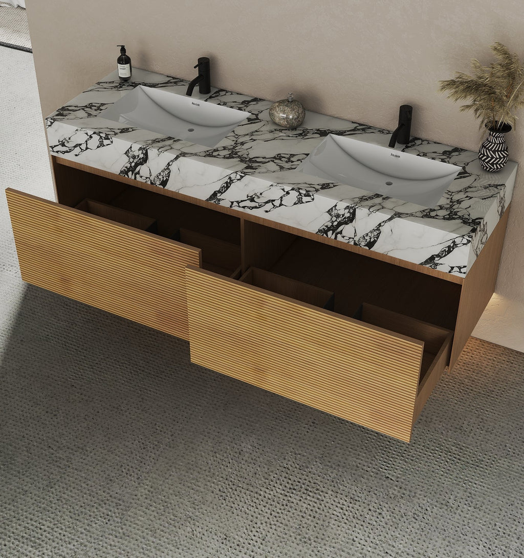 71'' Stone Top with Oak Engineered Wood Floating Bathroom Vanity - Vanity71" x 22.5" NeoNova Decor