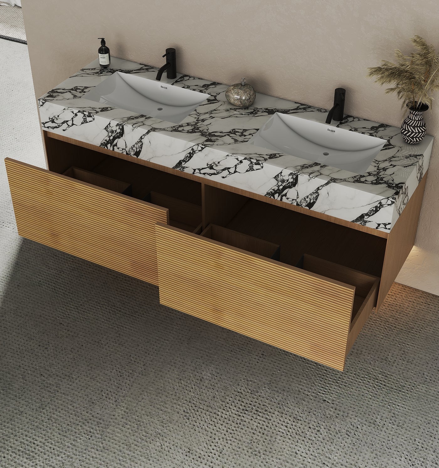 71'' Stone Top with Oak Engineered Wood Floating Bathroom Vanity - Vanity71" x 22.5" NeoNova Decor