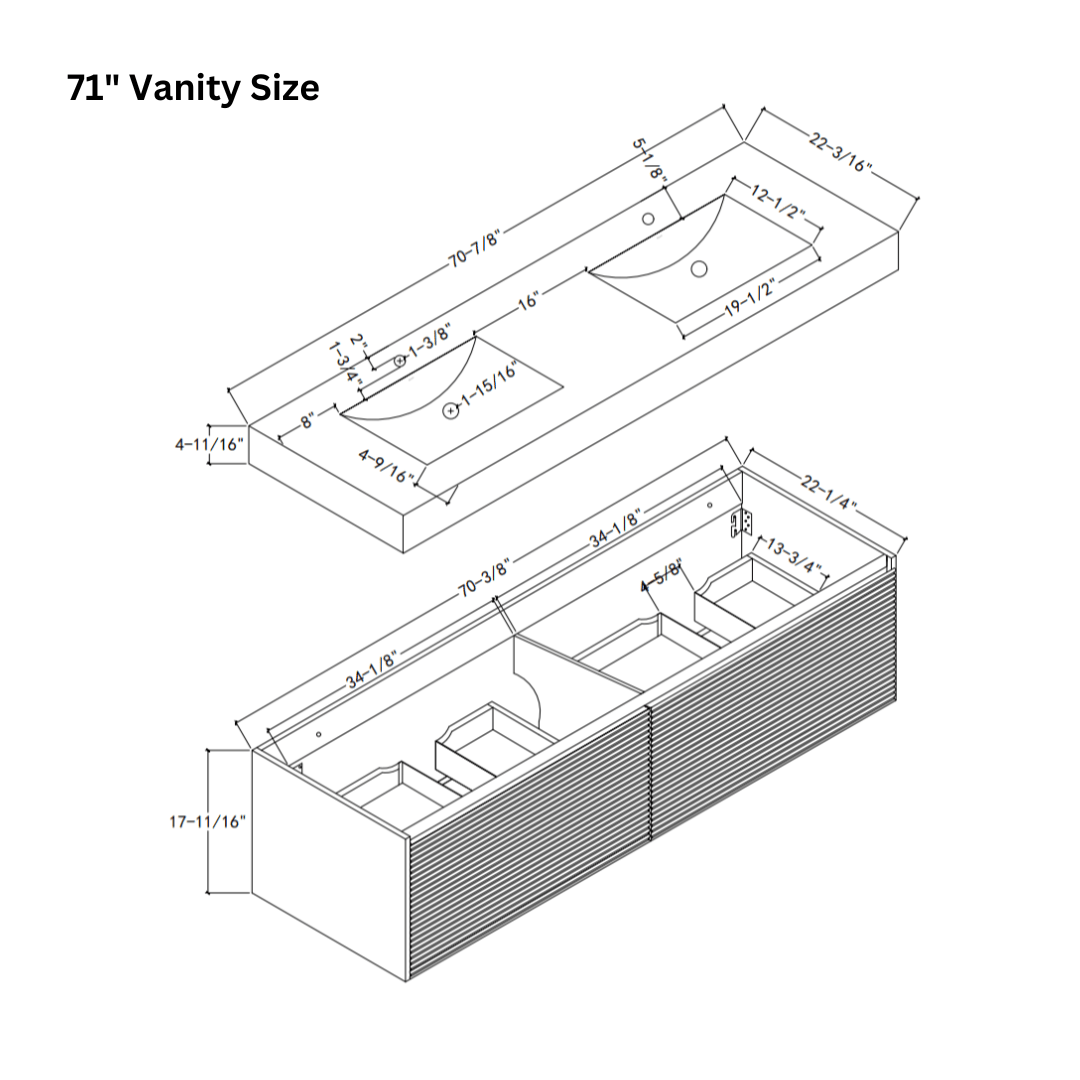 71'' Stone Top with Oak Engineered Wood Floating Bathroom Vanity - Vanity71" x 22.5" NeoNova Decor