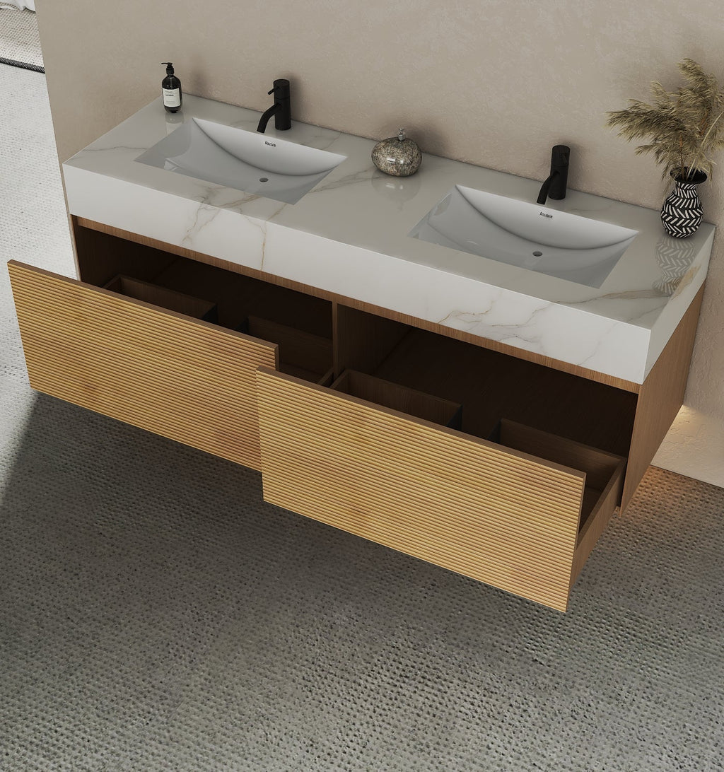 71'' Stone Top with Oak Engineered Wood Floating Bathroom Vanity - Vanity71" x 22.5" NeoNova Decor