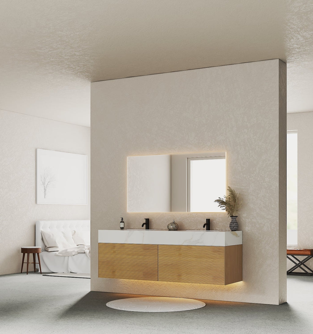 71'' Stone Top with Oak Engineered Wood Floating Bathroom Vanity - Vanity71" x 22.5" NeoNova Decor