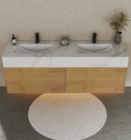 Front view of 71 inch oak floating bathroom vanity with stone top