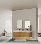 Floating oak vanity with double sink and soft-close drawers