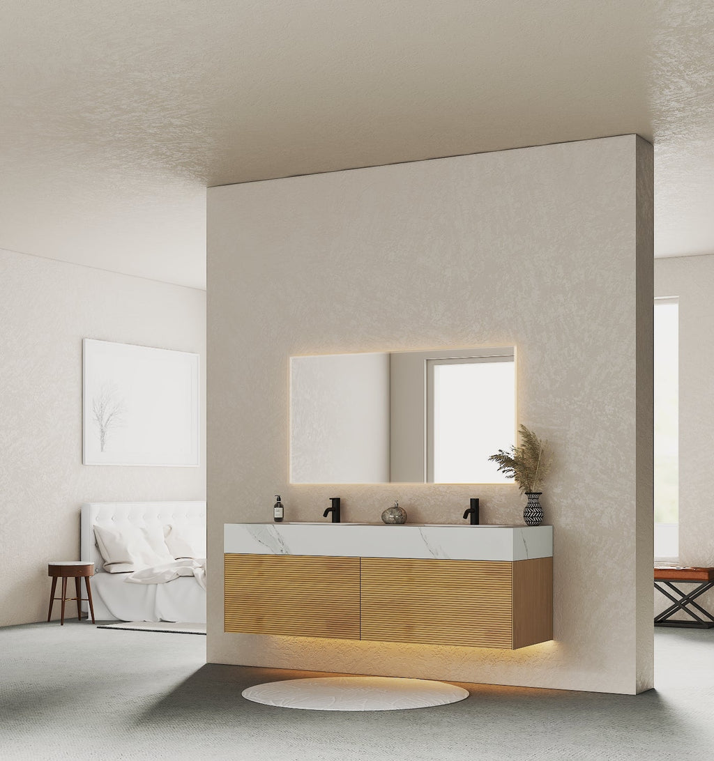 71'' Stone Top with Oak Engineered Wood Floating Bathroom Vanity - Vanity71" x 22.5" NeoNova Decor