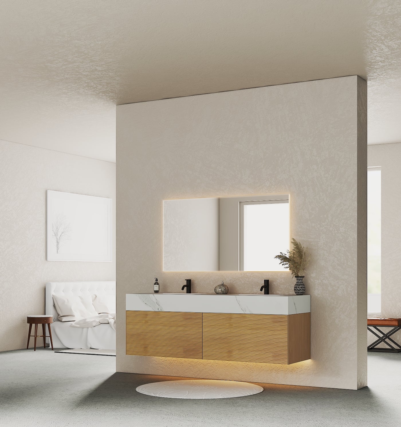 71'' Stone Top with Oak Engineered Wood Floating Bathroom Vanity - Vanity71" x 22.5" NeoNova Decor