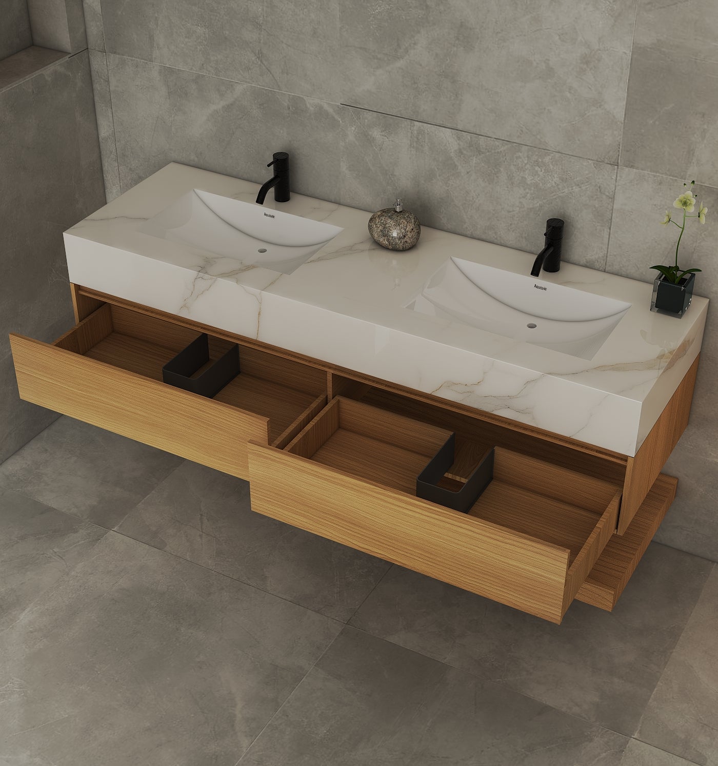 71''，60” Double Sink Stone Top with Hotel - Style Floating Bathroom Vanity - VanityHHT NeoNova Decor