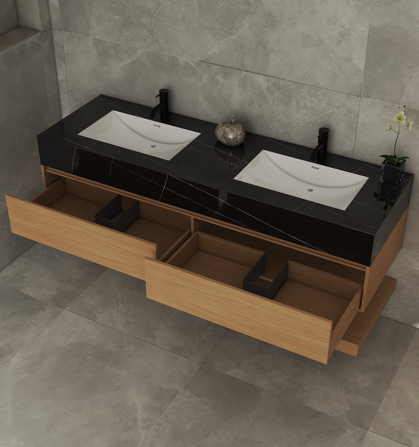 71''，60” Double Sink Stone Top with Hotel - Style Floating Bathroom Vanity - VanityZMR NeoNova Decor