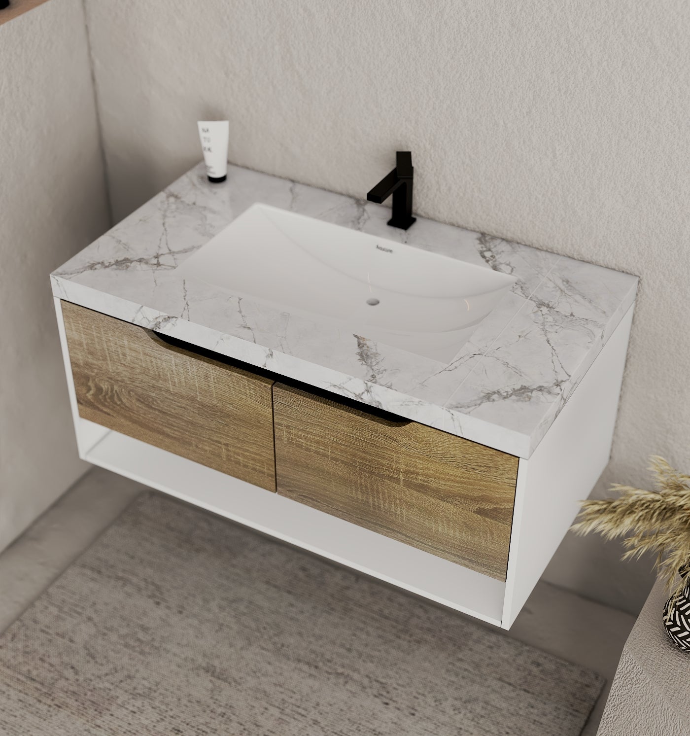 24", 32", 40" Modern Floating Vanity with Seamless Stone Top