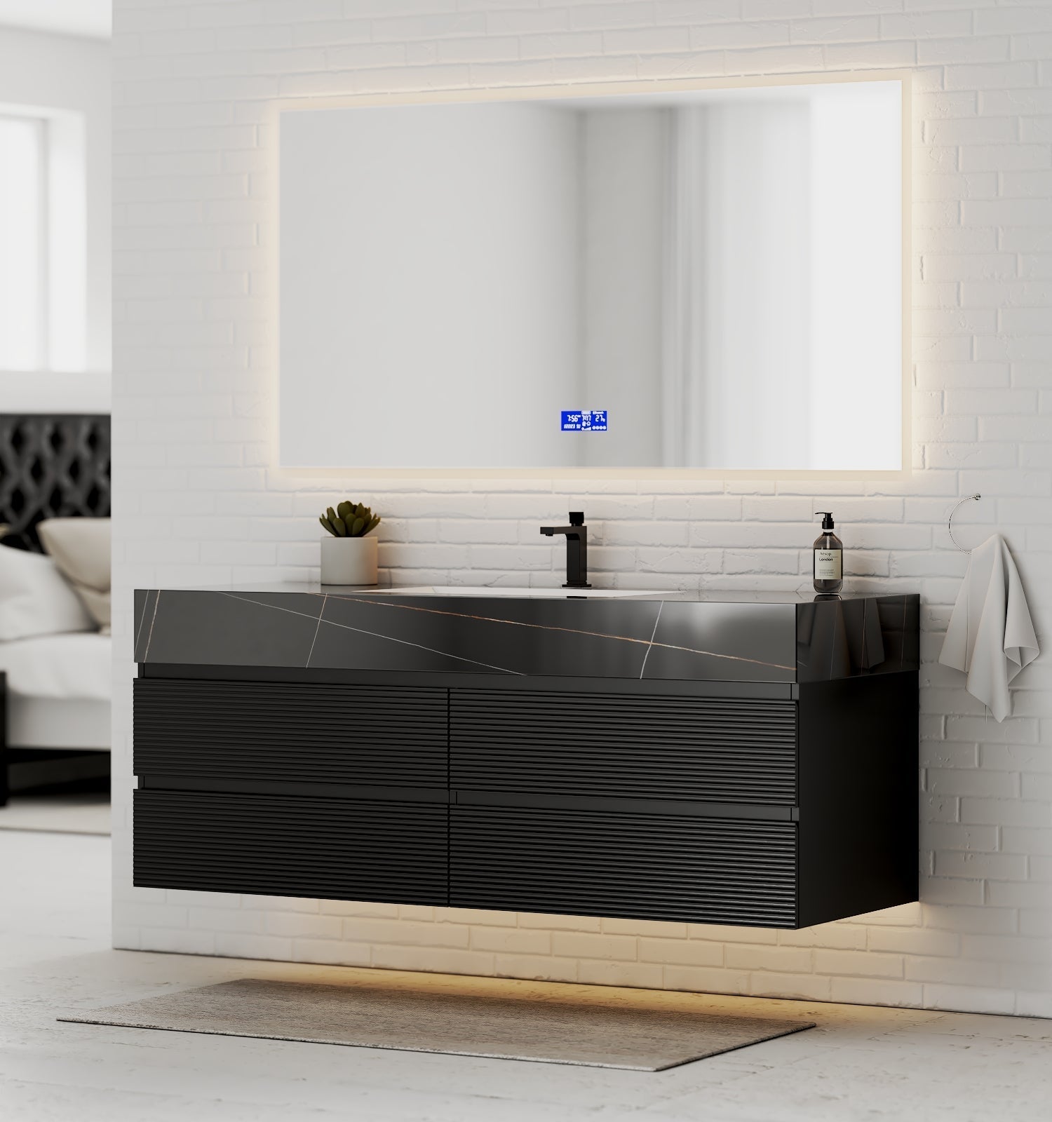 Black 60" Wall - Mounted Single Sink Bathroom Vanity with Fluted Drawers - VanityBlack Marquina Gold Veins NeoNova Decor