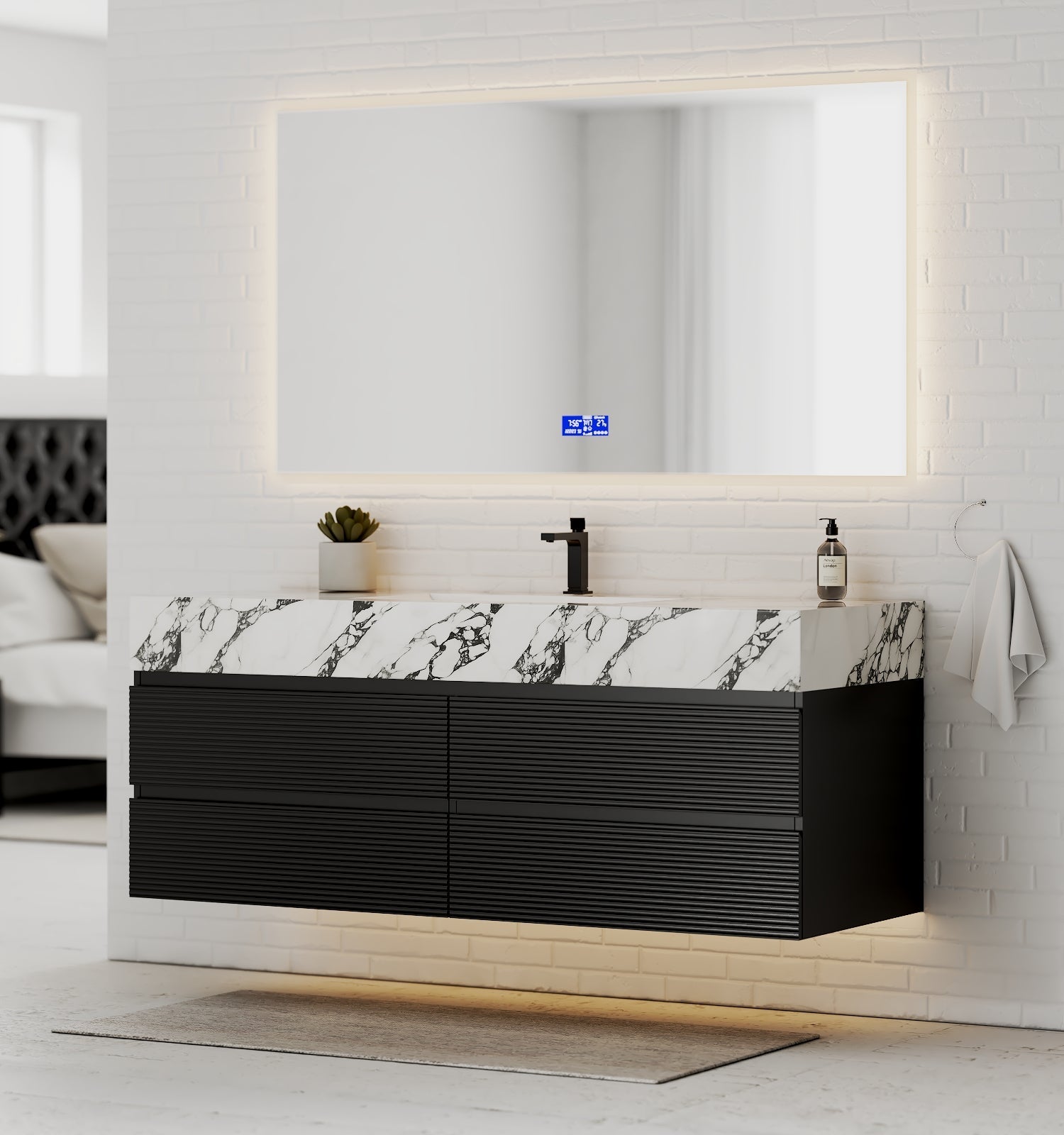 Black 60" Wall - Mounted Single Sink Bathroom Vanity with Fluted Drawers - VanityCalacatta Black NeoNova Decor