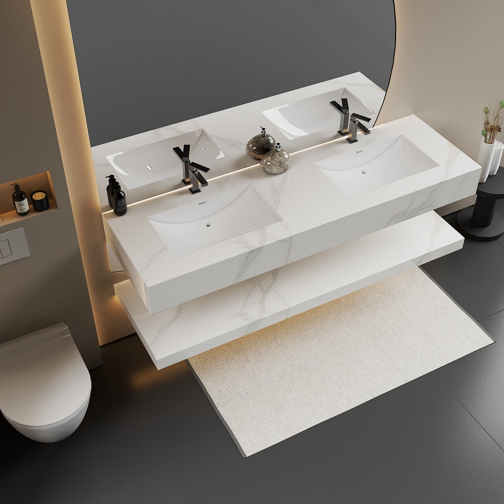 Luxury hotel-style 71 inch double sink vanity, floating design with White Carrara marble look