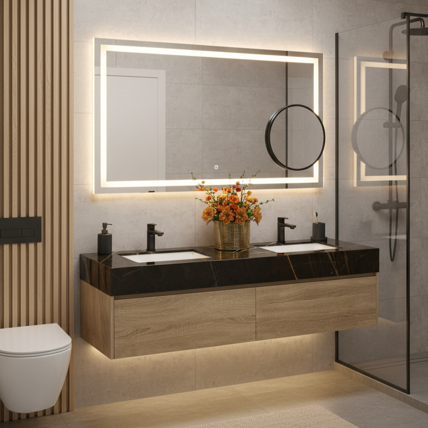 71″ Double Sink Bathroom Vanity Oak Wood Floating Cabinet（Floor Model）