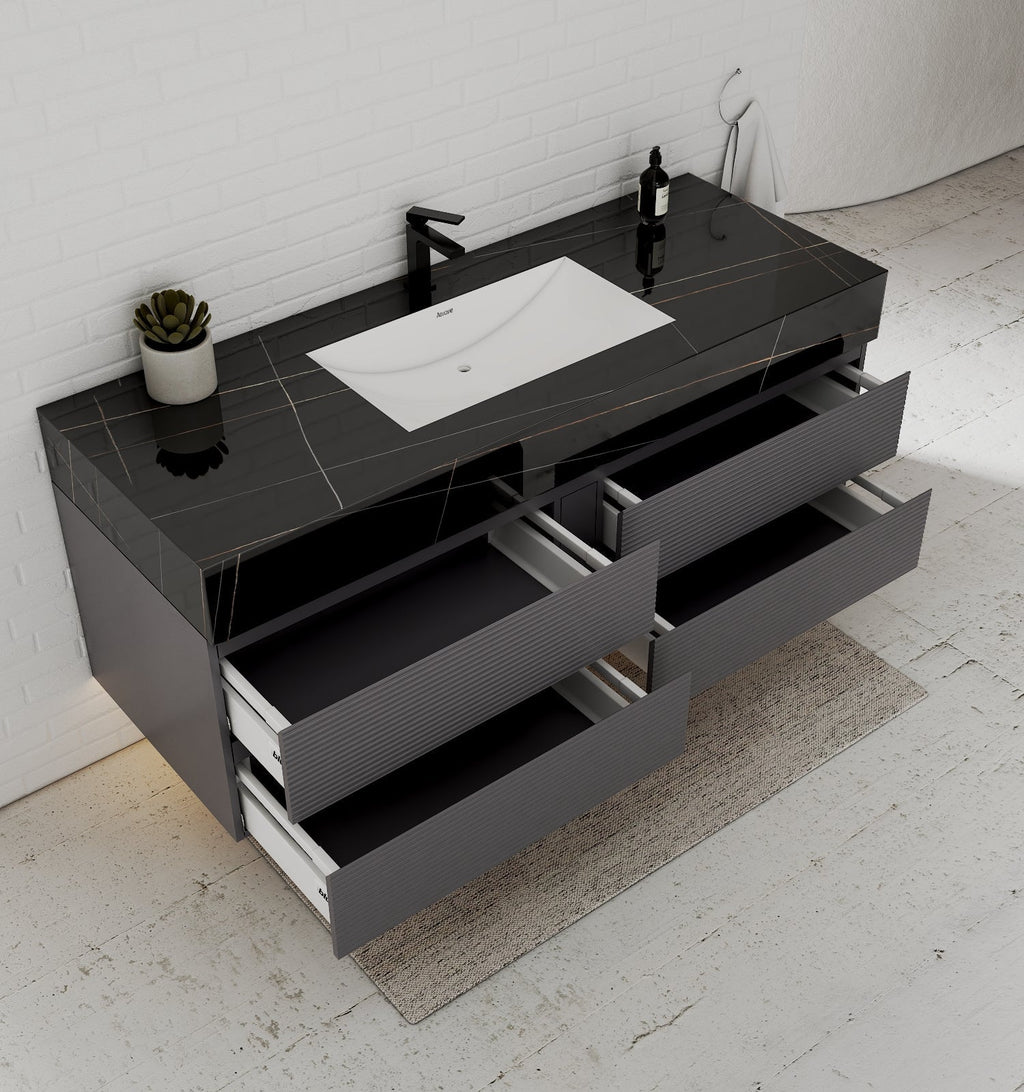 Dark Grey 60” Modern Floating Bathroom Vanity – Single Basin - VanityBlack Marquina Gold Veins NeoNova Decor