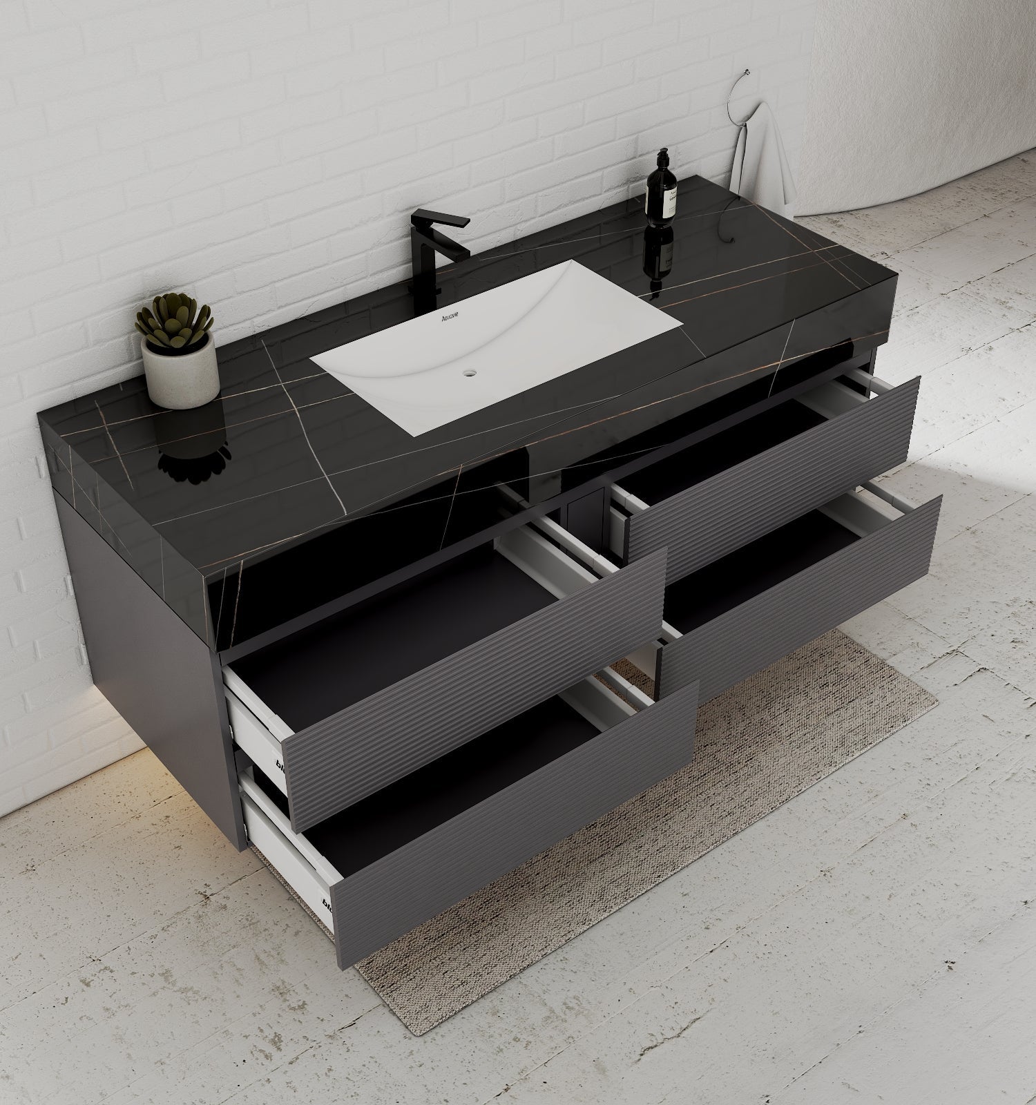 Dark Grey 60” Modern Floating Bathroom Vanity – Single Basin - VanityBlack Marquina Gold Veins NeoNova Decor