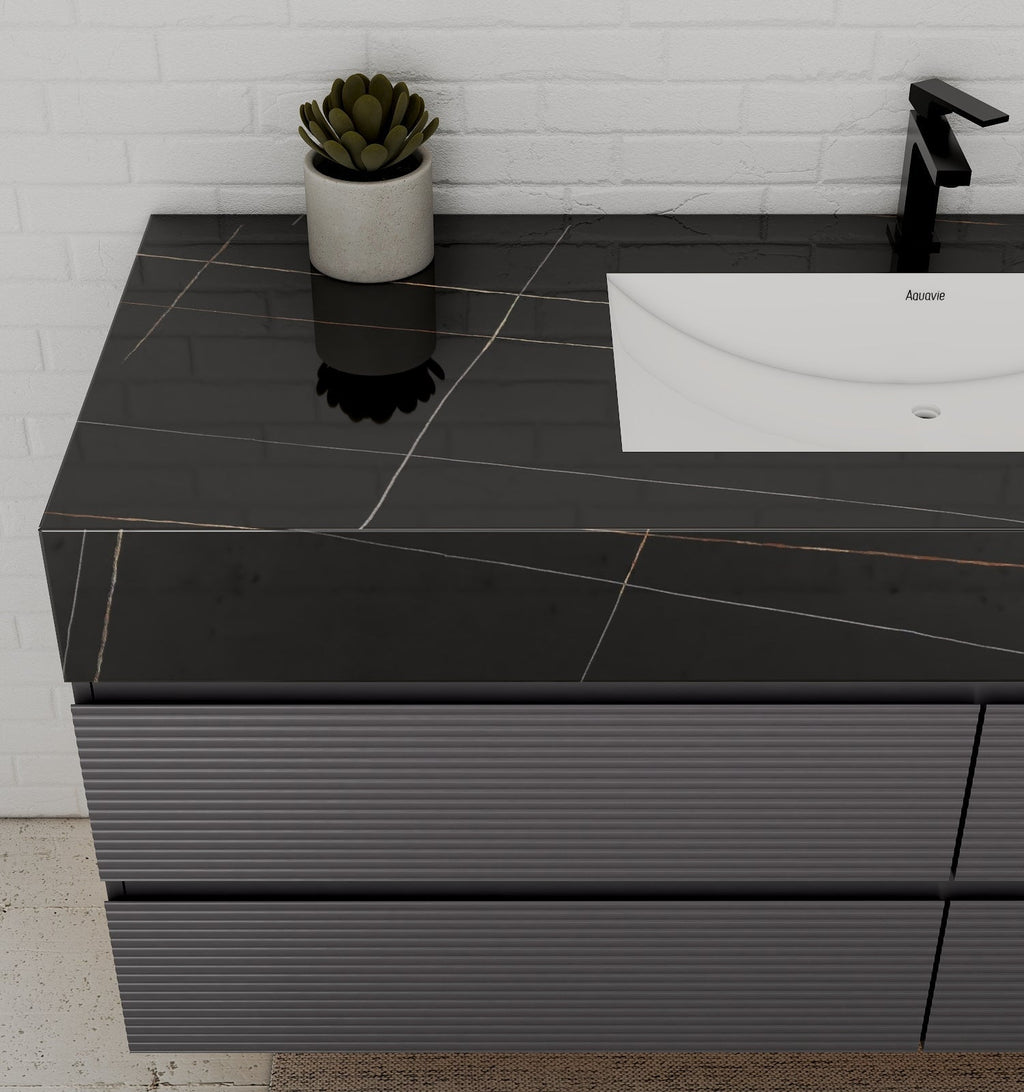 Dark Grey 60” Modern Floating Bathroom Vanity – Single Basin - VanityBlack Marquina Gold Veins NeoNova Decor