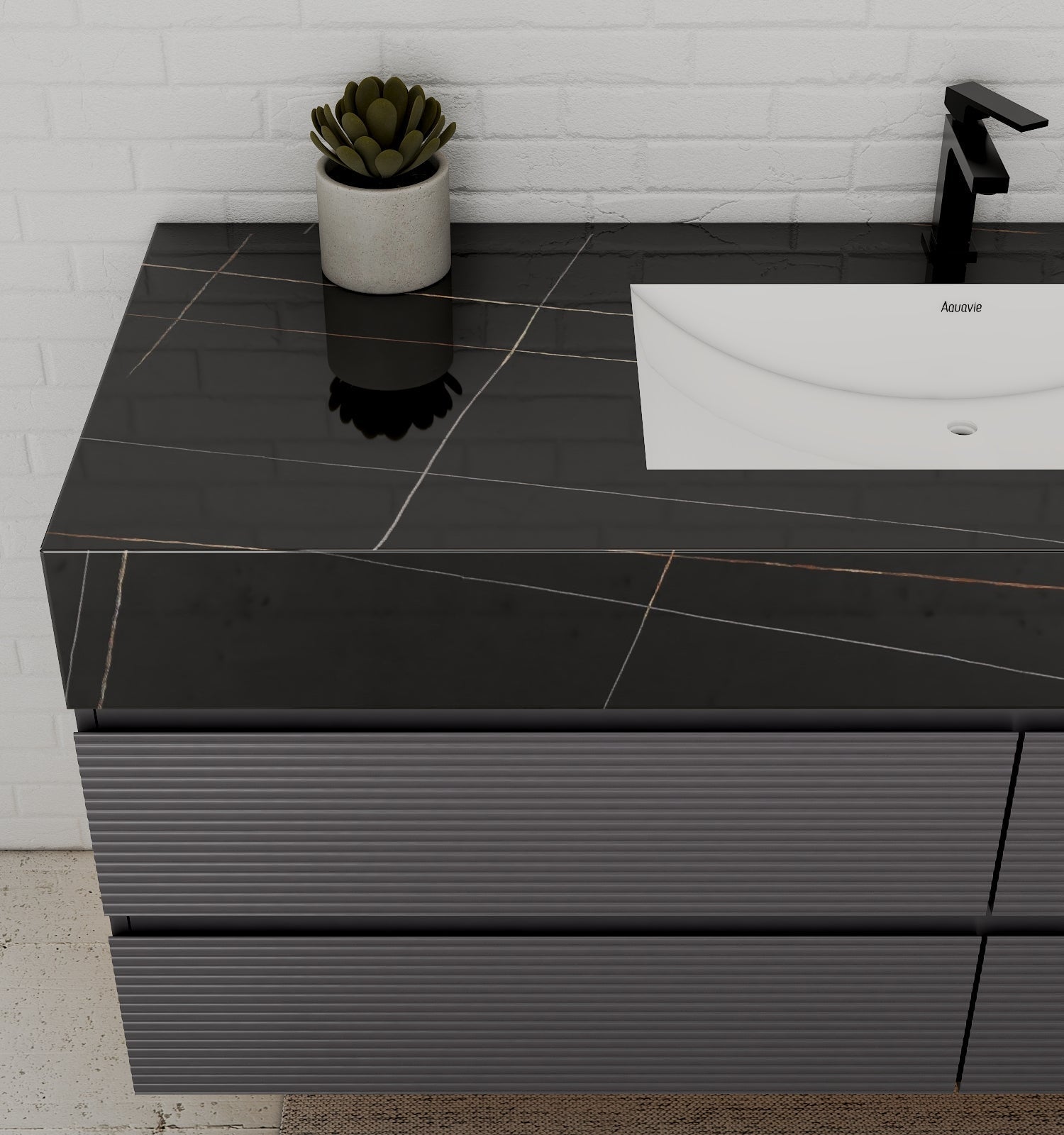 Dark Grey 60” Modern Floating Bathroom Vanity – Single Basin - VanityBlack Marquina Gold Veins NeoNova Decor