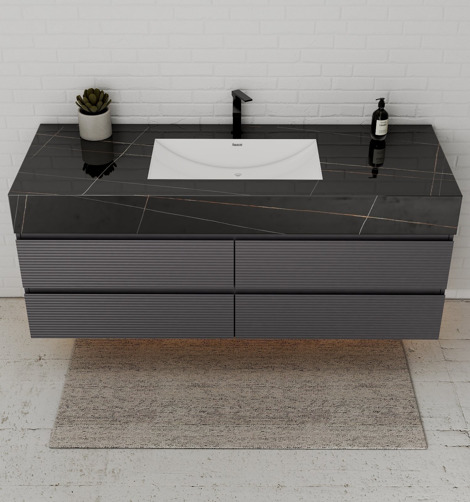Dark Grey 60” Modern Floating Bathroom Vanity – Single Basin - VanityBlack Marquina Gold Veins NeoNova Decor