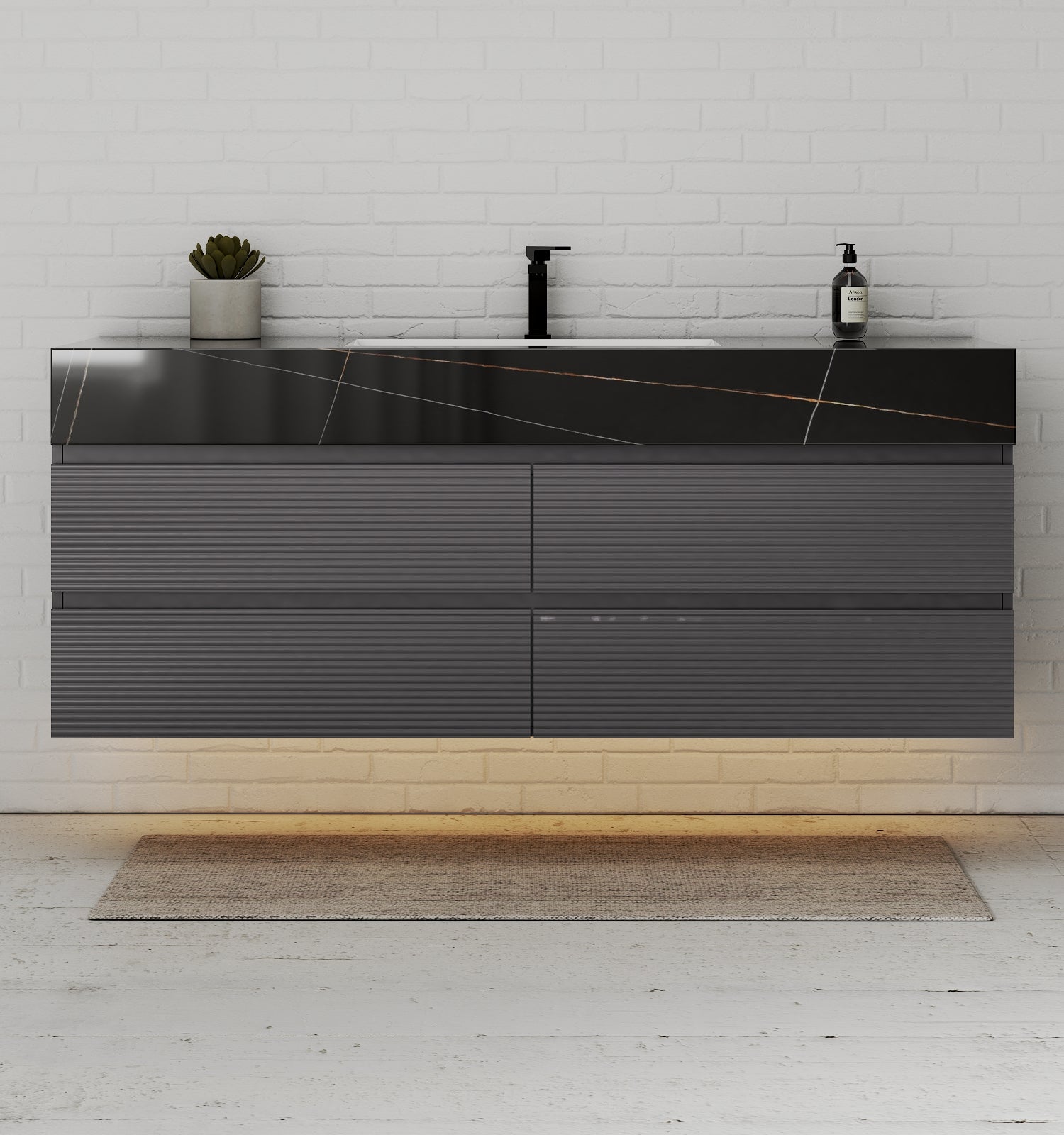 Dark Grey 60” Modern Floating Bathroom Vanity – Single Basin - VanityBlack Marquina Gold Veins NeoNova Decor