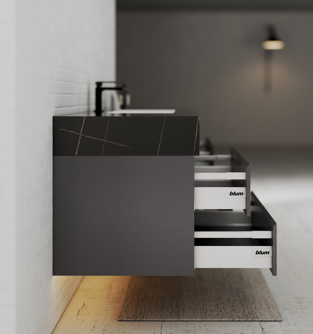 Dark Grey 60” Modern Floating Bathroom Vanity – Single Basin - VanityBlack Marquina Gold Veins NeoNova Decor