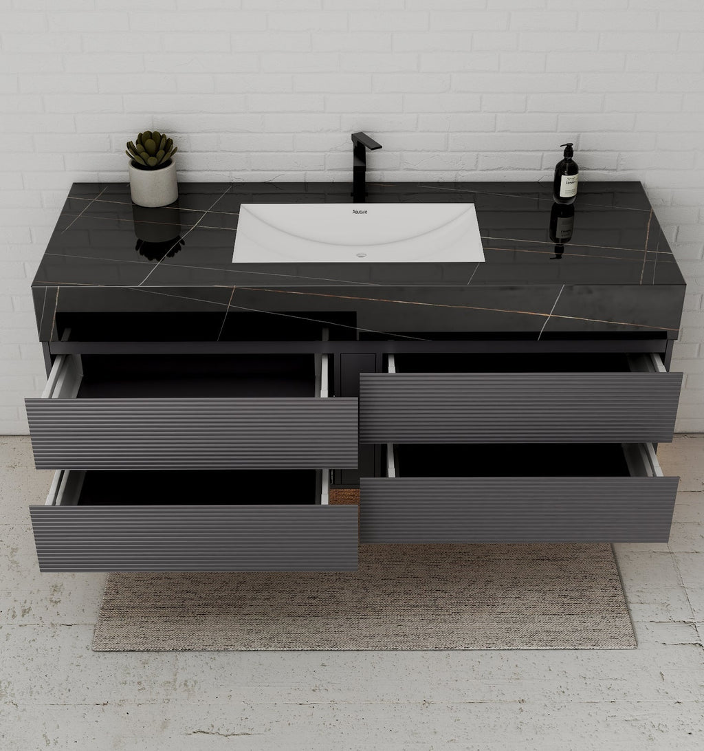Dark Grey 60” Modern Floating Bathroom Vanity – Single Basin - VanityBlack Marquina Gold Veins NeoNova Decor