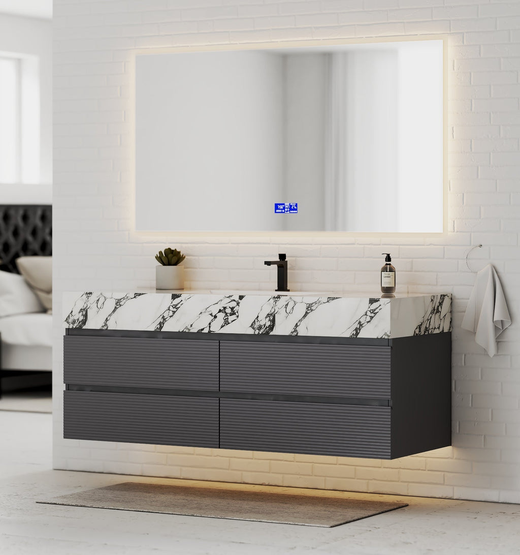 Dark Grey 60” Modern Floating Bathroom Vanity – Single Basin - VanityCalacatta Black NeoNova Decor