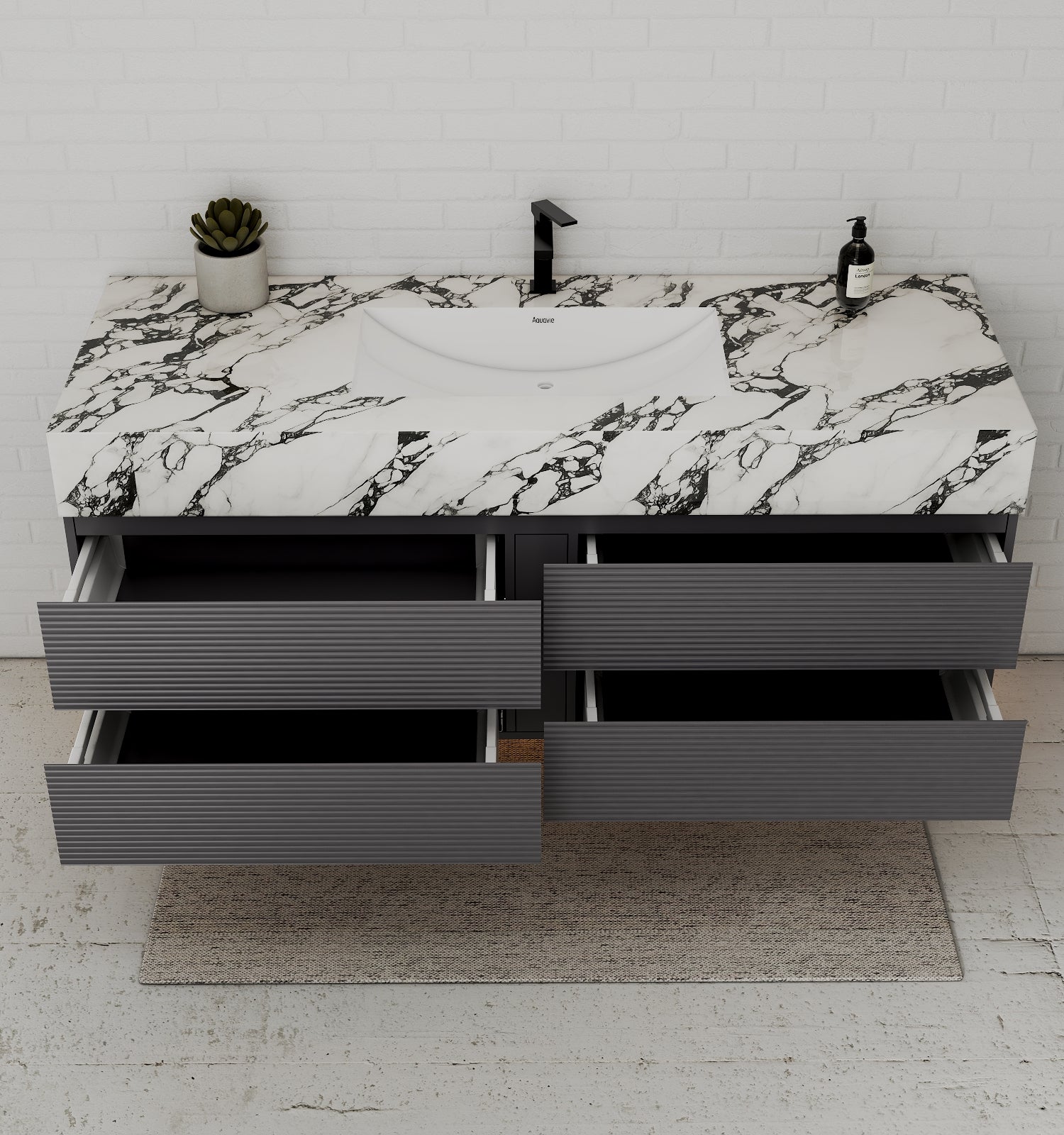 Dark Grey 60” Modern Floating Bathroom Vanity – Single Basin - VanityCalacatta Black NeoNova Decor