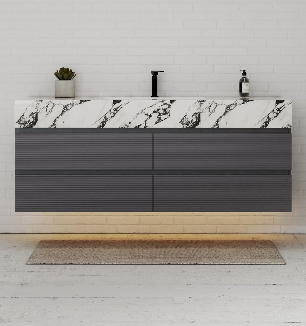Dark Grey 60” Modern Floating Bathroom Vanity – Single Basin - VanityCalacatta Black NeoNova Decor