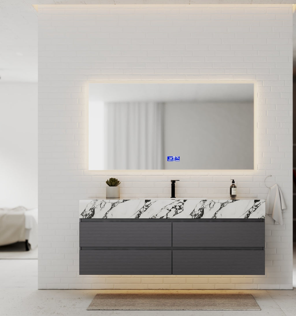 Dark Grey 60” Modern Floating Bathroom Vanity – Single Basin - VanityCalacatta Black NeoNova Decor