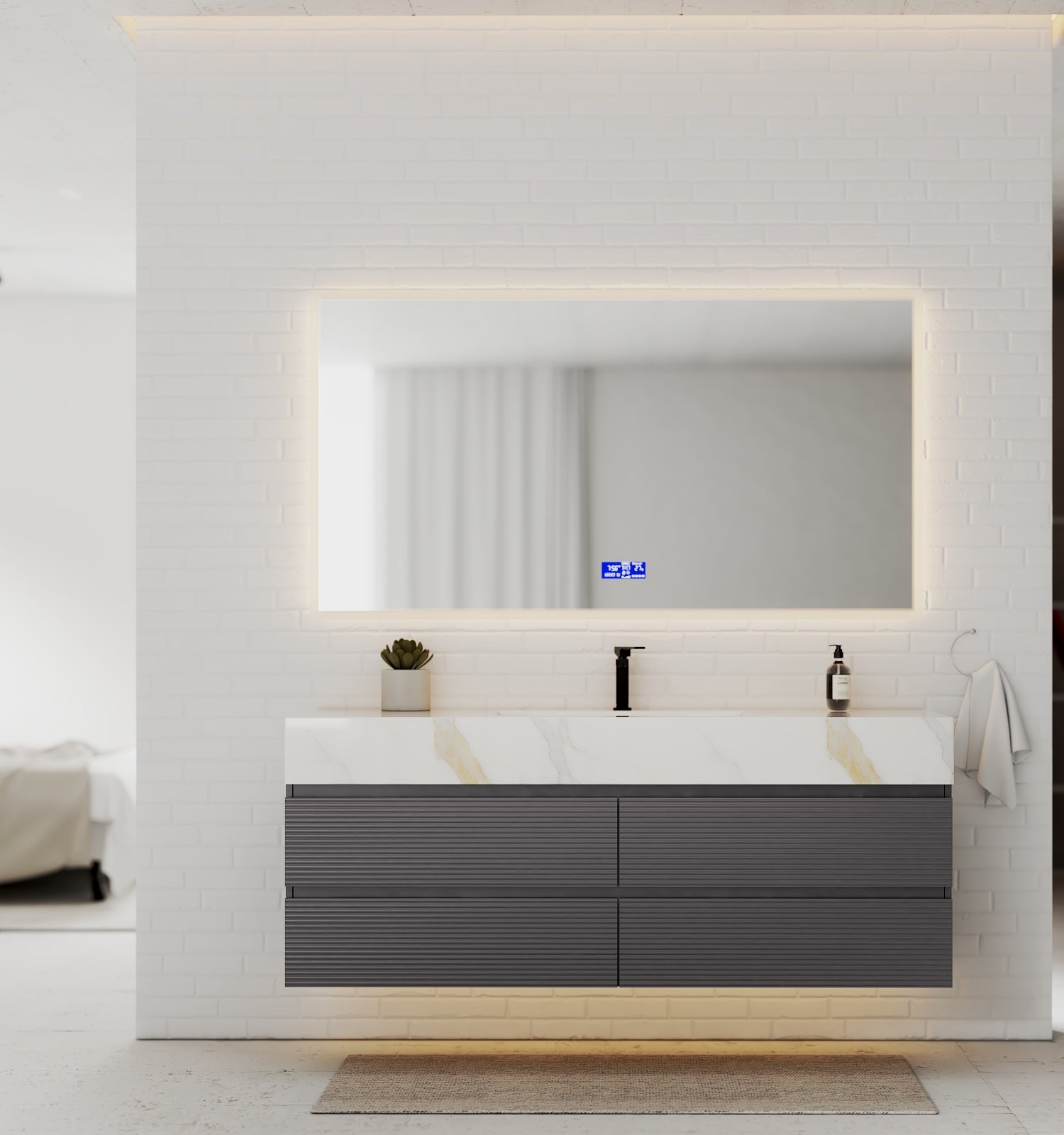 Dark Grey 60” Modern Floating Bathroom Vanity – Single Basin - VanityCalacatta Gold NeoNova Decor