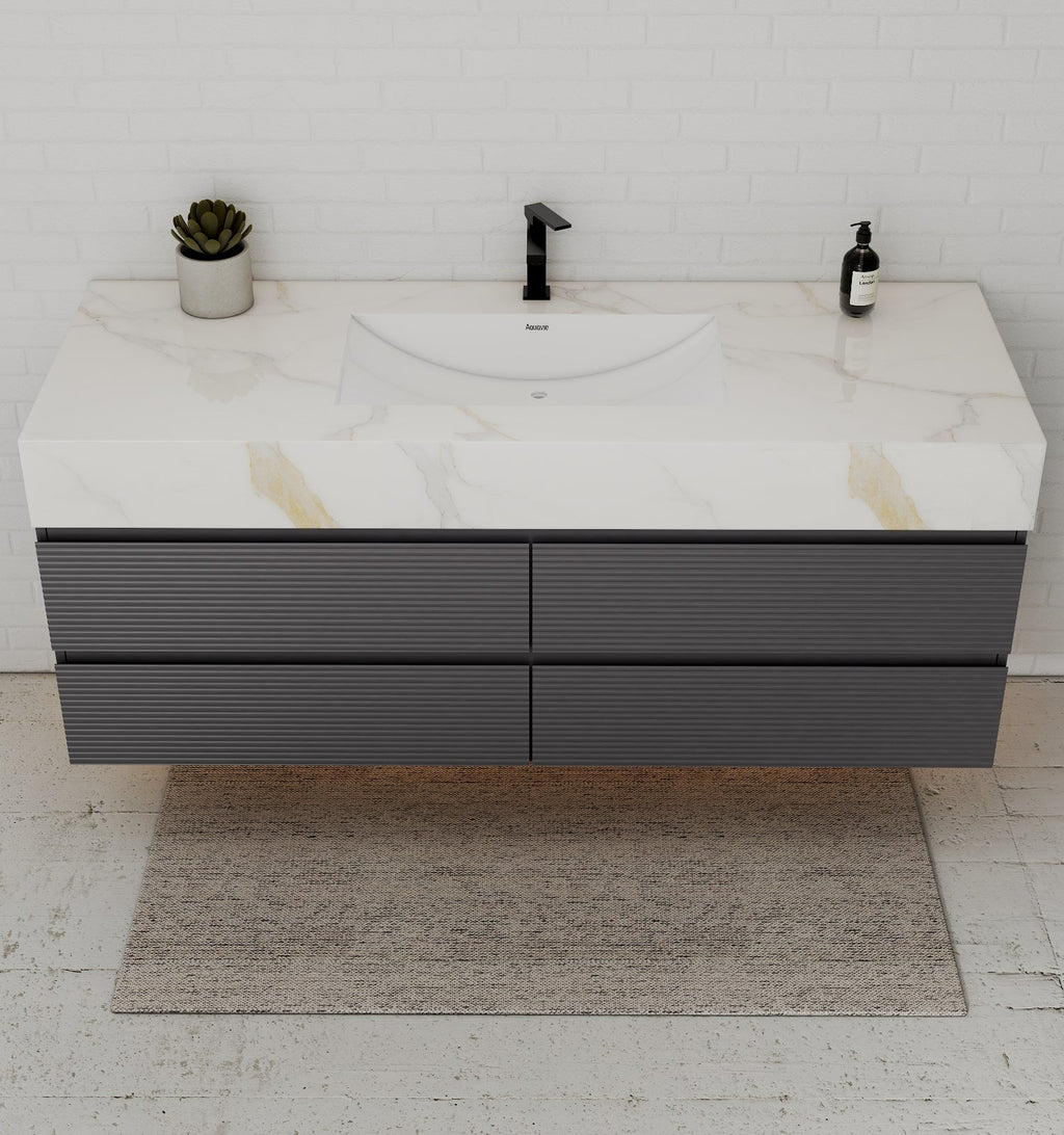 Dark Grey 60” Modern Floating Bathroom Vanity – Single Basin - VanityCalacatta Gold NeoNova Decor