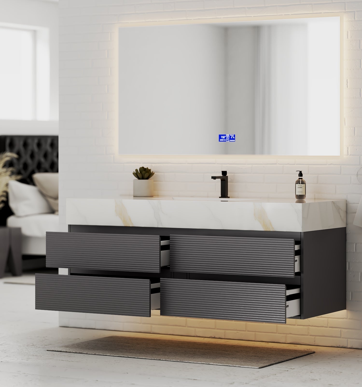 Dark Grey 60” Modern Floating Bathroom Vanity – Single Basin - VanityCalacatta Gold NeoNova Decor