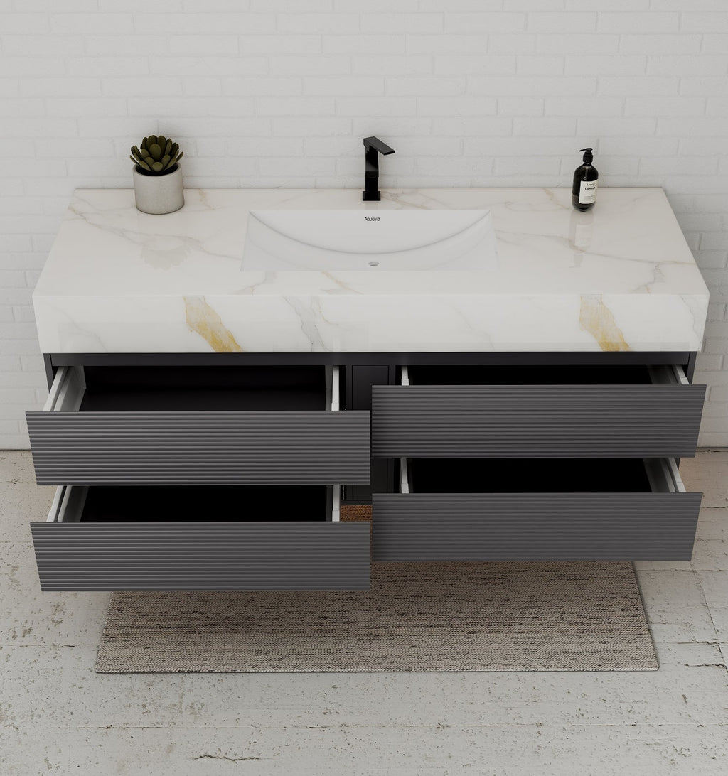 Dark Grey 60” Modern Floating Bathroom Vanity – Single Basin - VanityCalacatta Gold NeoNova Decor