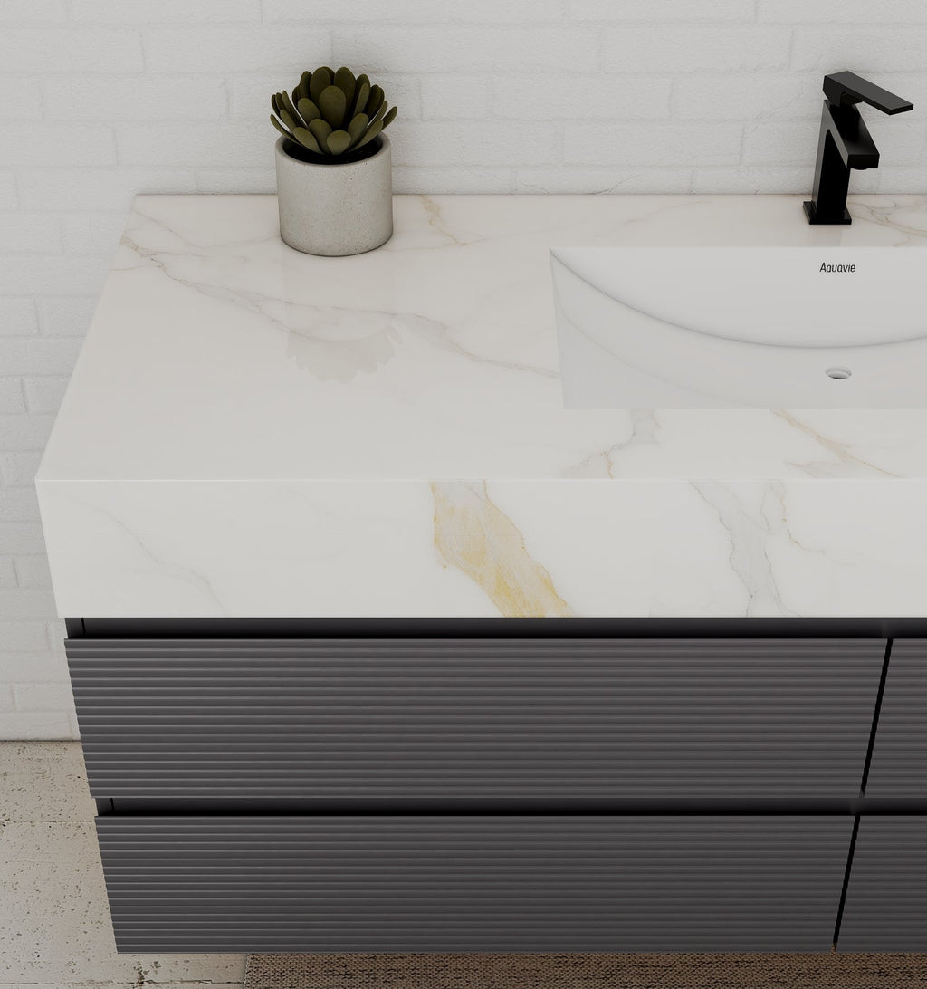 Dark Grey 60” Modern Floating Bathroom Vanity – Single Basin - VanityCalacatta Gold NeoNova Decor