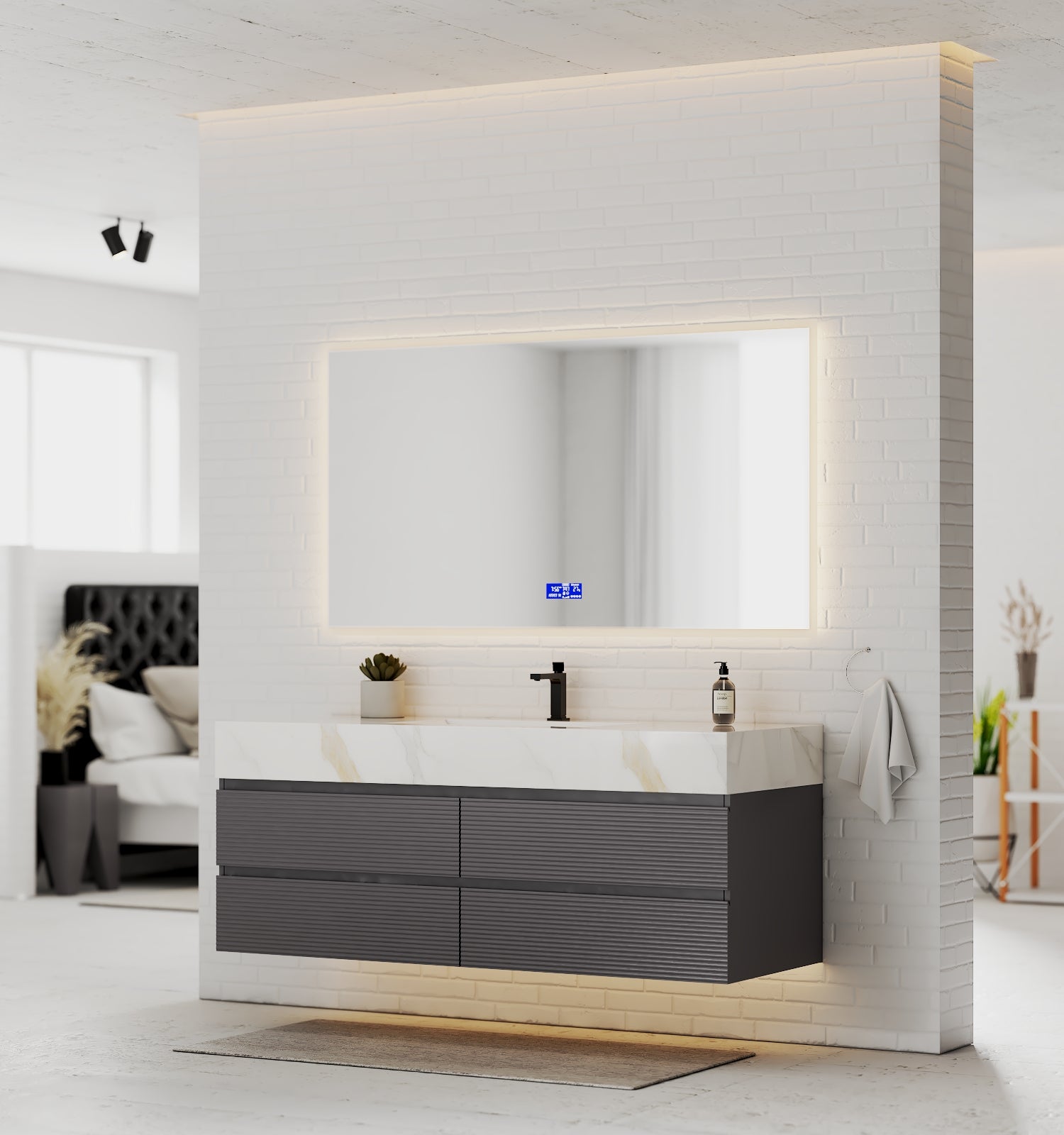Dark Grey 60” Modern Floating Bathroom Vanity – Single Basin - VanityCalacatta Gold NeoNova Decor