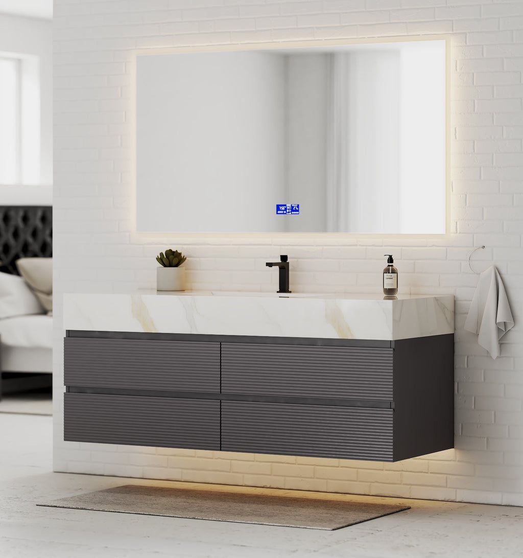 Dark Grey 60” Modern Floating Bathroom Vanity – Single Basin - VanityCalacatta Gold NeoNova Decor