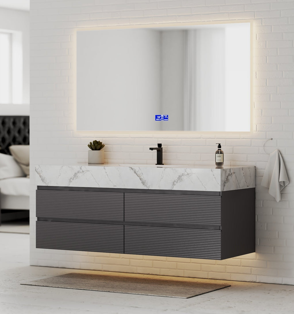 Dark Grey 60” Modern Floating Bathroom Vanity – Single Basin - VanityIce Grey NeoNova Decor