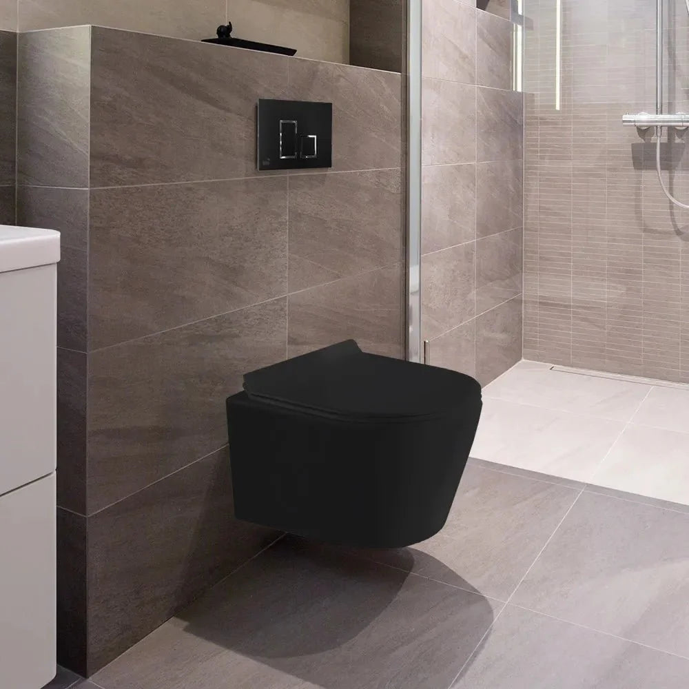 Dual - flush Matte black wall toilet with black control plate PARETO - toilet NeoNova Decor