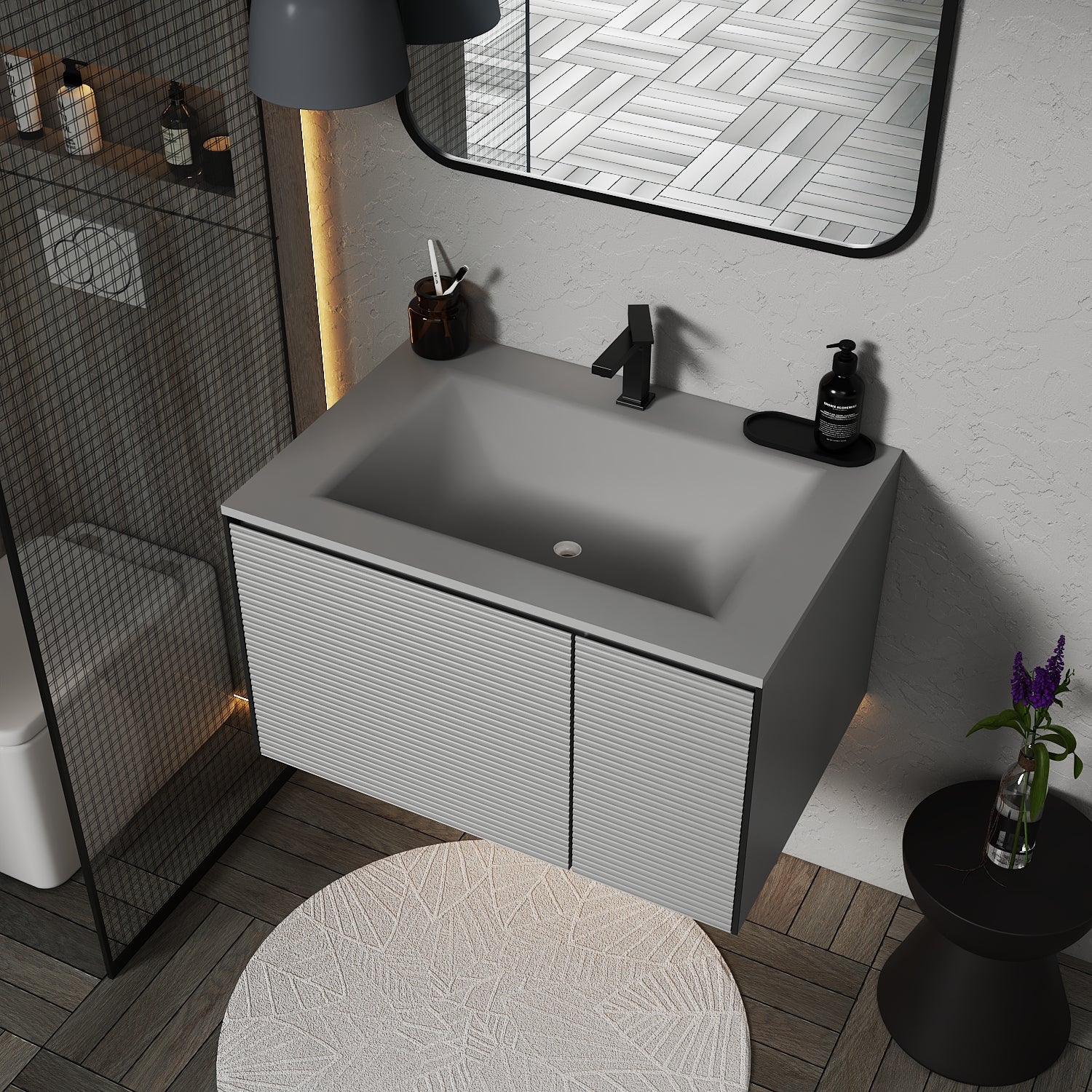 Fluted Floating Vanity with Seamless Stone Sink – 32" / 36" / 40" - Vanity32" NeoNova Decor