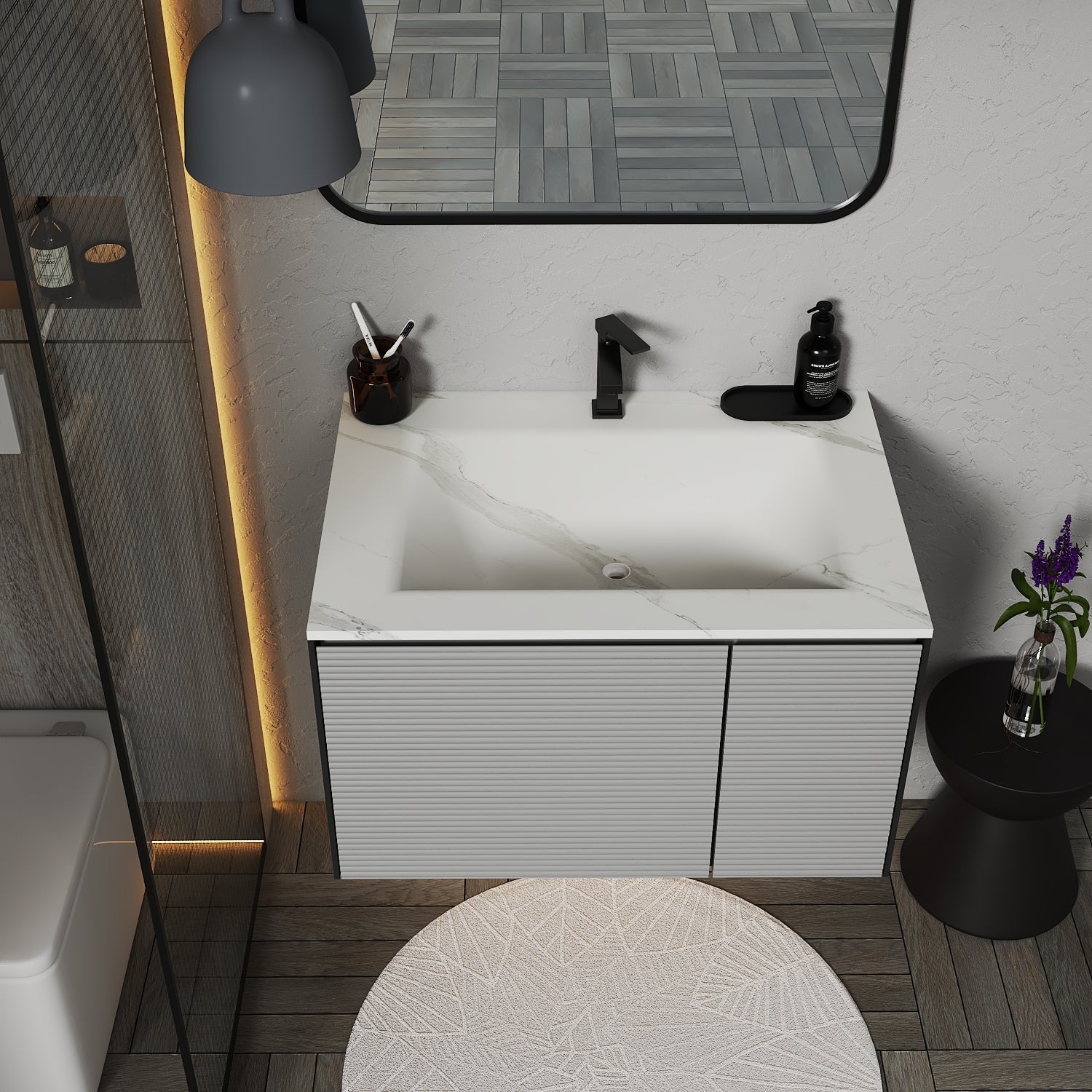 Fluted Floating Vanity with Seamless Stone Sink – 32" / 36" / 40" - Vanity32" NeoNova Decor