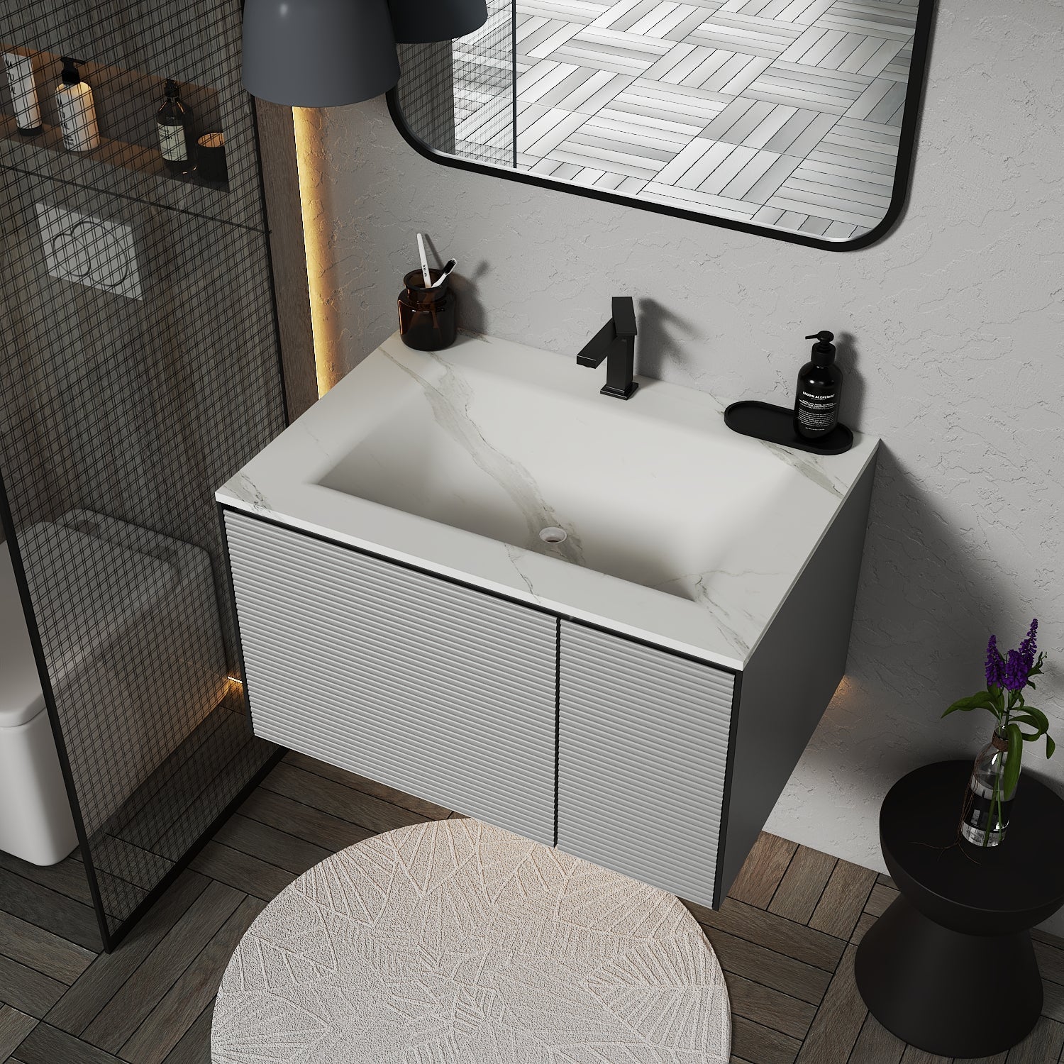 Fluted Floating Vanity with Seamless Stone Sink – 32" / 36" / 40" - Vanity32" NeoNova Decor