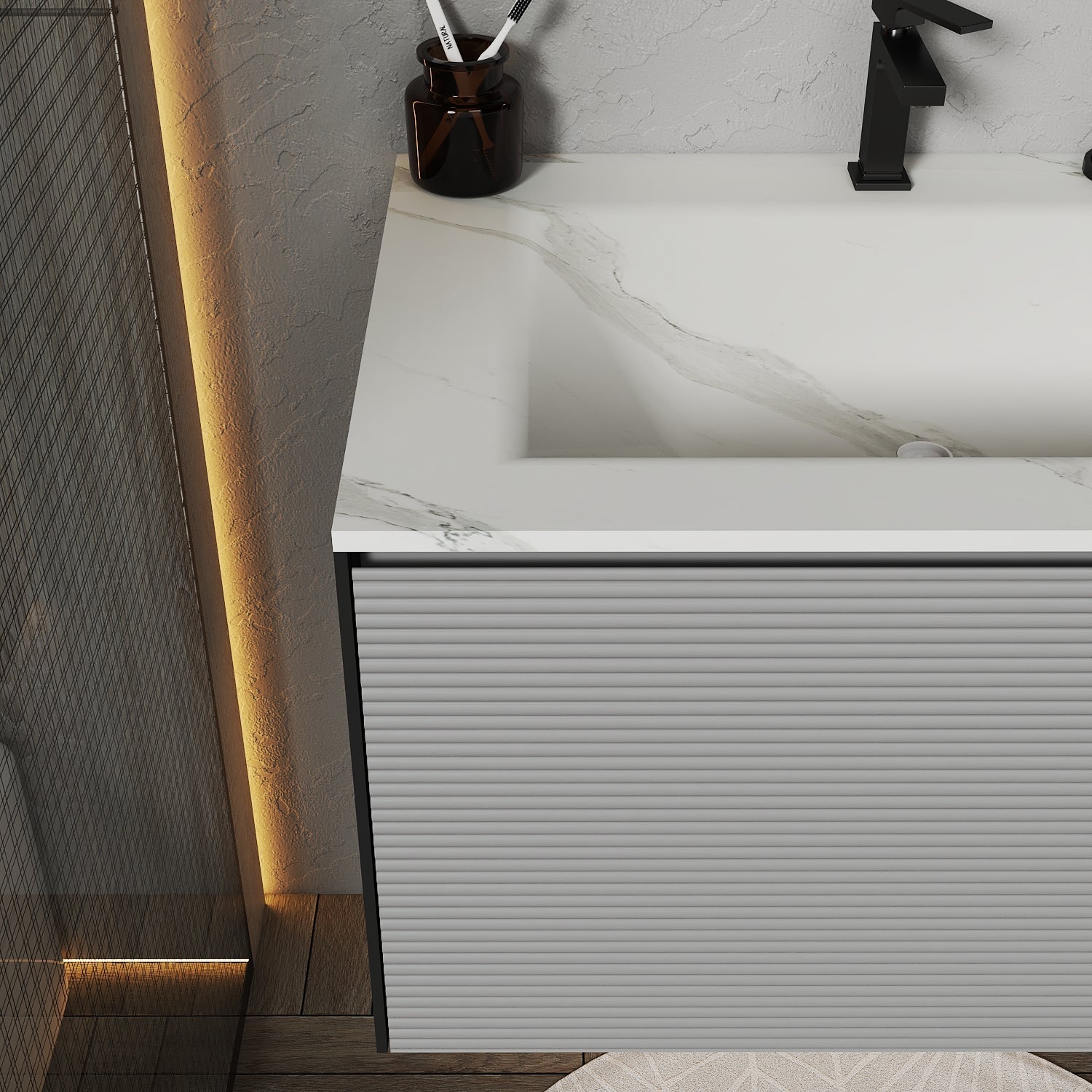 Fluted Floating Vanity with Seamless Stone Sink – 32" / 36" / 40" - Vanity32" NeoNova Decor