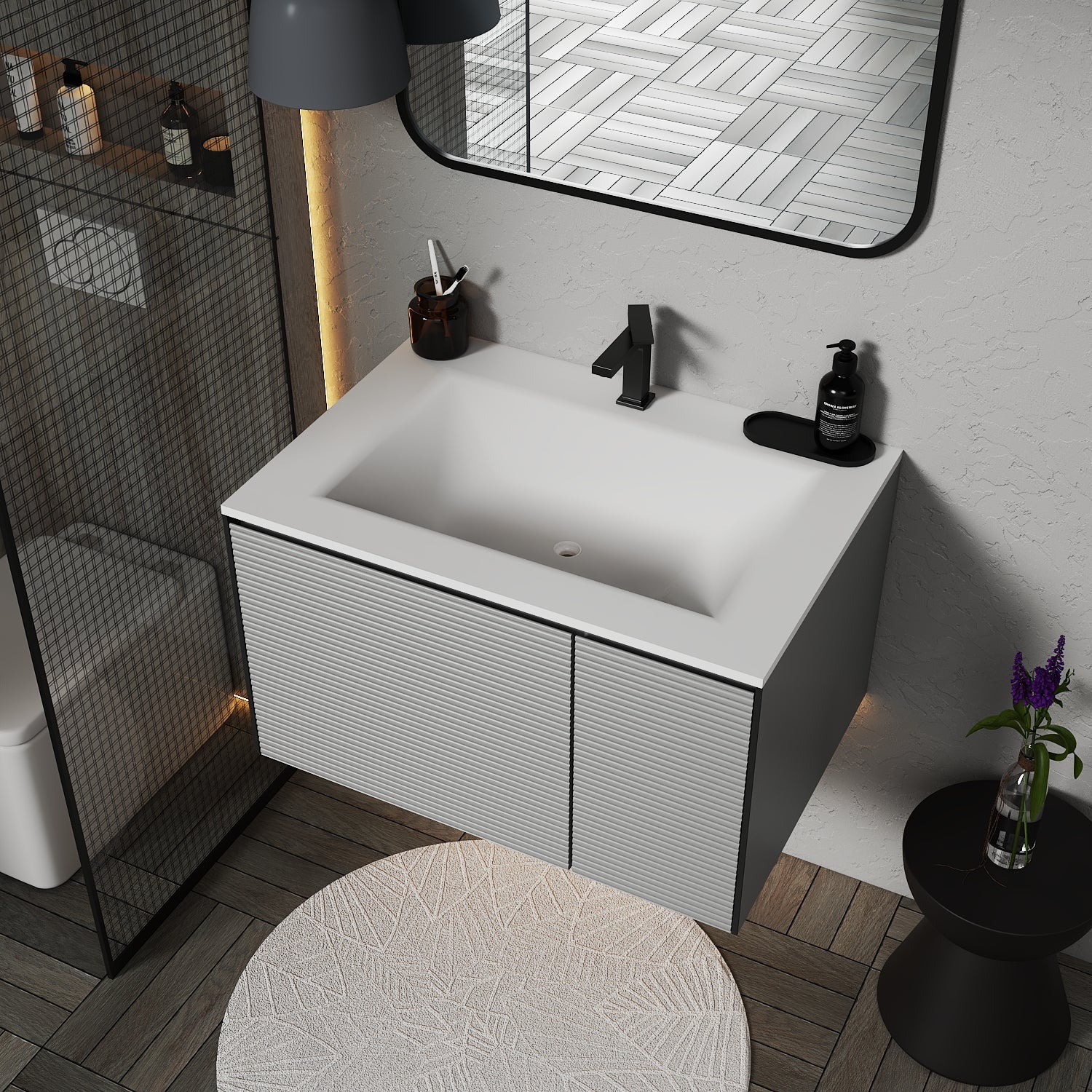 Fluted Floating Vanity with Seamless Stone Sink – 32" / 36" / 40" - Vanity32" NeoNova Decor