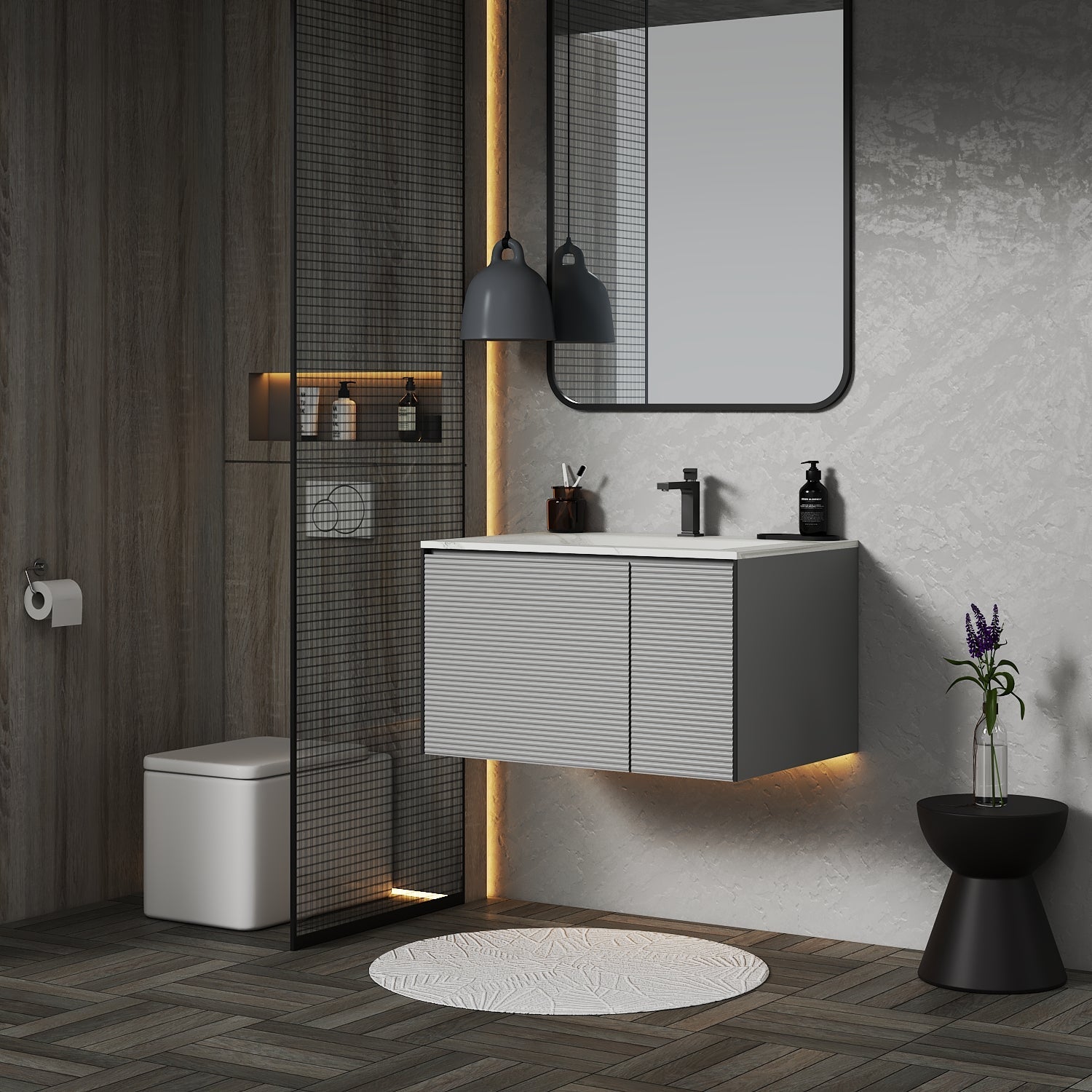 Fluted Floating Vanity with Seamless Stone Sink – 32" / 36" / 40" - Vanity36" NeoNova Decor