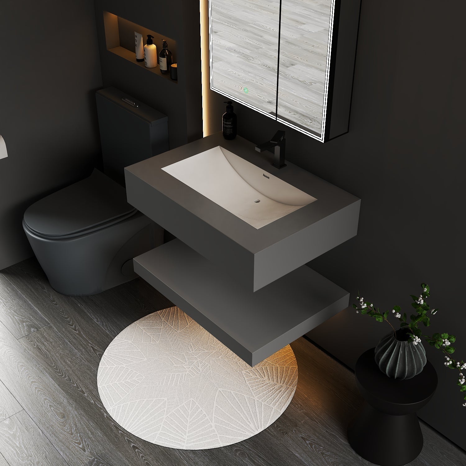 Matte Grey Floating Vanity – Marble - Look Stone, 30"/32"/40"/48" - A3 - Vanity32 inch NeoNova Decor