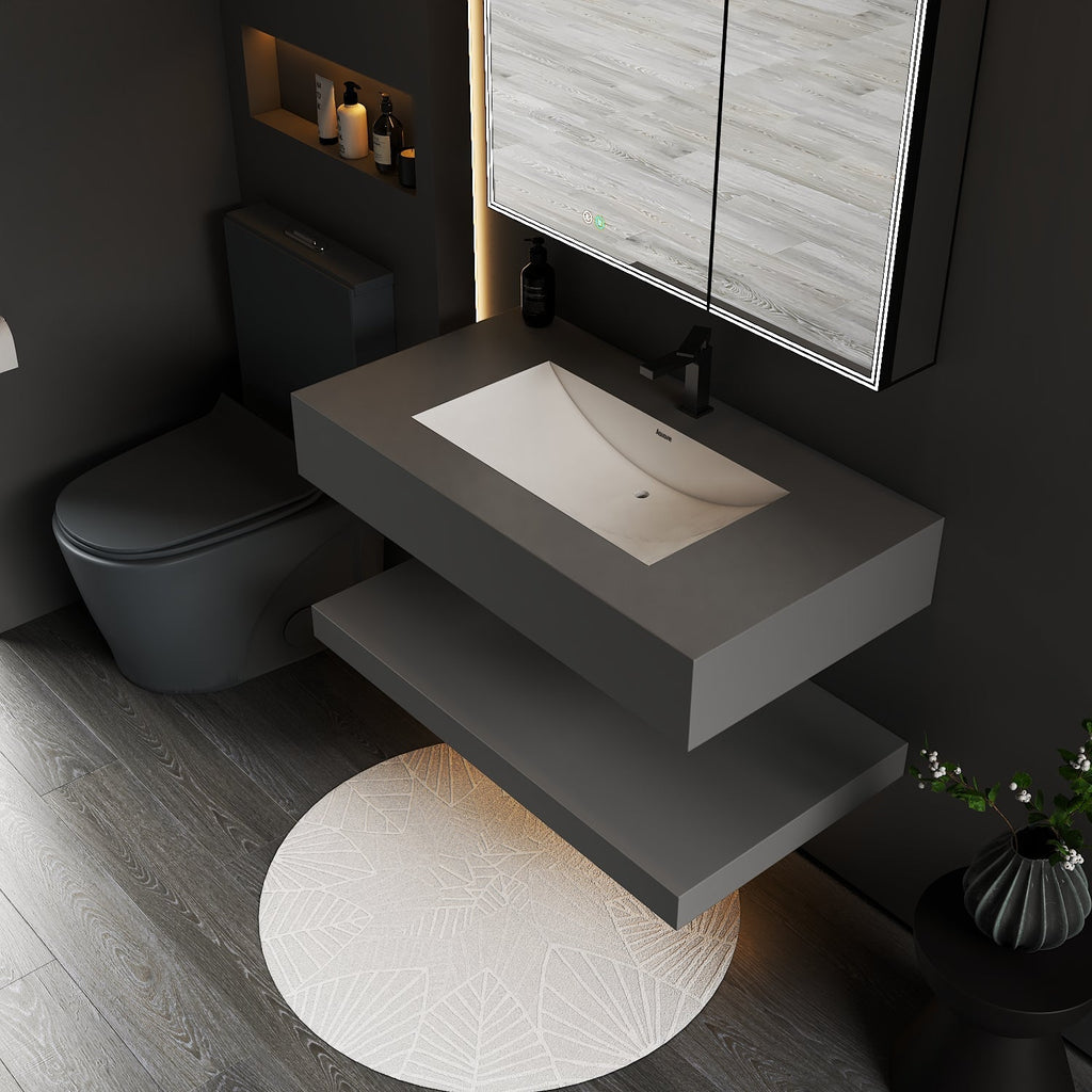 Matte Grey Floating Vanity – Marble - Look Stone, 30"/32"/40"/48" - A3 - Vanity40 inch NeoNova Decor