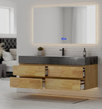 Natural Oak 60” Modern Floating Bathroom Vanity 4 Drawers– Single Basin - VanityBlack Marquina Gold Veins NeoNova Decor