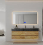 Natural Oak 60” Modern Floating Bathroom Vanity 4 Drawers– Single Basin - VanityBlack Marquina Gold Veins NeoNova Decor