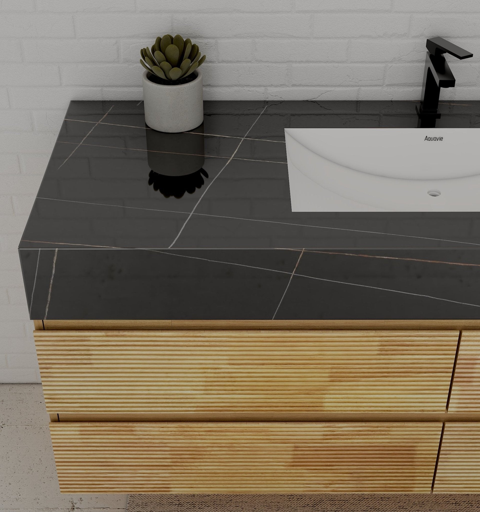 Natural Oak 60” Modern Floating Bathroom Vanity 4 Drawers– Single Basin - VanityBlack Marquina Gold Veins NeoNova Decor