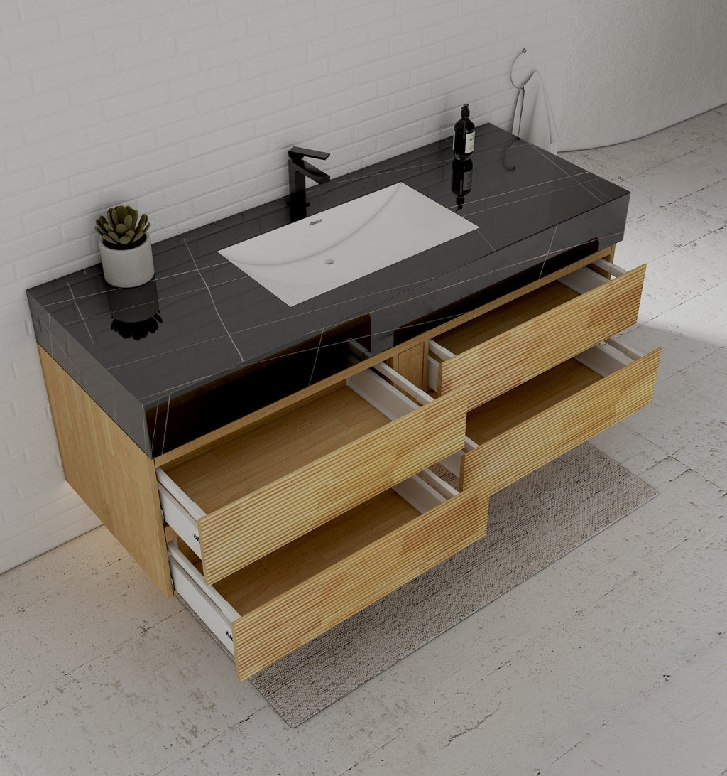 Natural Oak 60” Modern Floating Bathroom Vanity 4 Drawers– Single Basin - VanityBlack Marquina Gold Veins NeoNova Decor