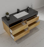 Natural Oak 60” Modern Floating Bathroom Vanity 4 Drawers– Single Basin - VanityBlack Marquina Gold Veins NeoNova Decor